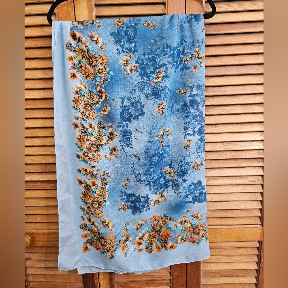 Blue And Orange Square Floral Print Scarf